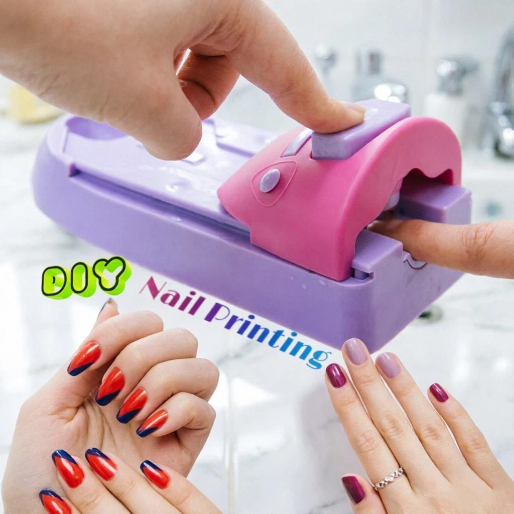 DIY Nail Art Printer Machine with 6 Stencil Plates - Fast Manual Nail Stamp Tool, No Battery Needed, Suction Base