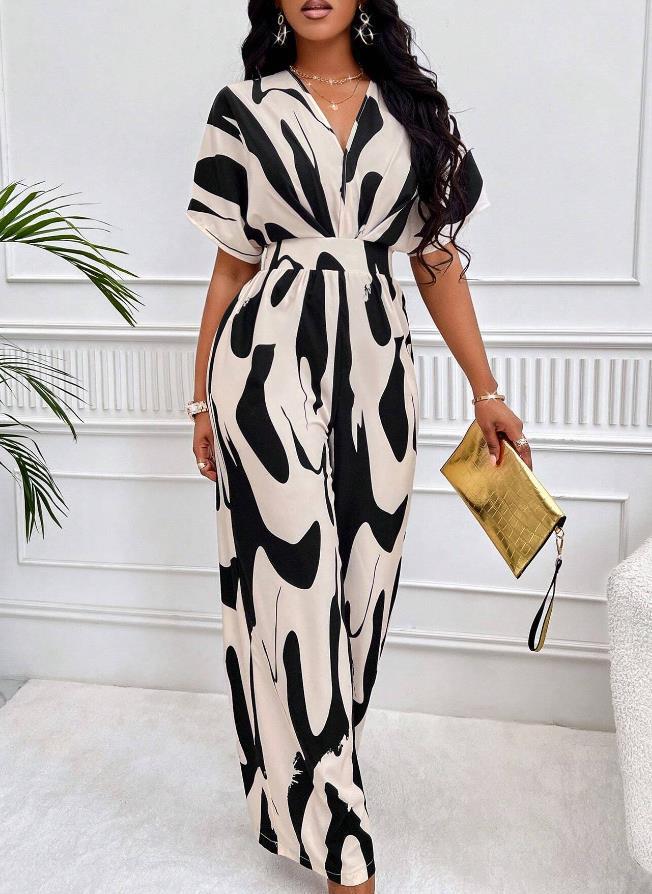 European & American Women's Full Print Batwing Sleeve Wide Leg Jumpsuit - Fashionable & Versatile