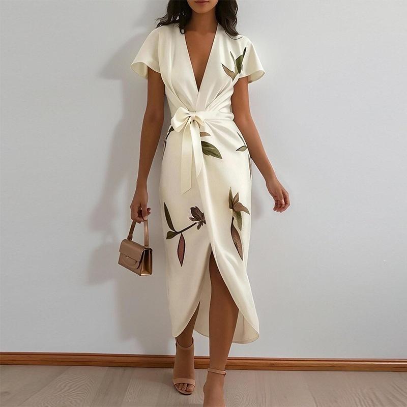 2026 Women s Spring New Arrival, Amazon Cross-border Europe & America, elegant and elegant printed lace-up slit dress S