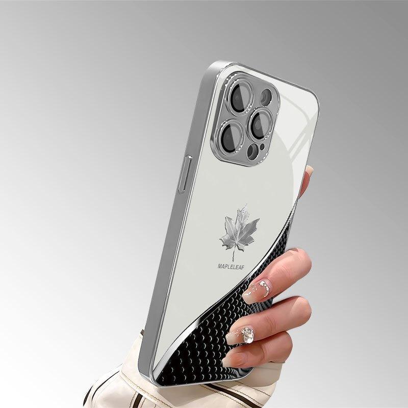 Gebogenes Ahornblatt Muster Gehärtetes Glas Handyhülle Für iPhone 17 16 15 14 13 12 11 Pro Max Plus Air Galvanisiert Silberne Abdeckung