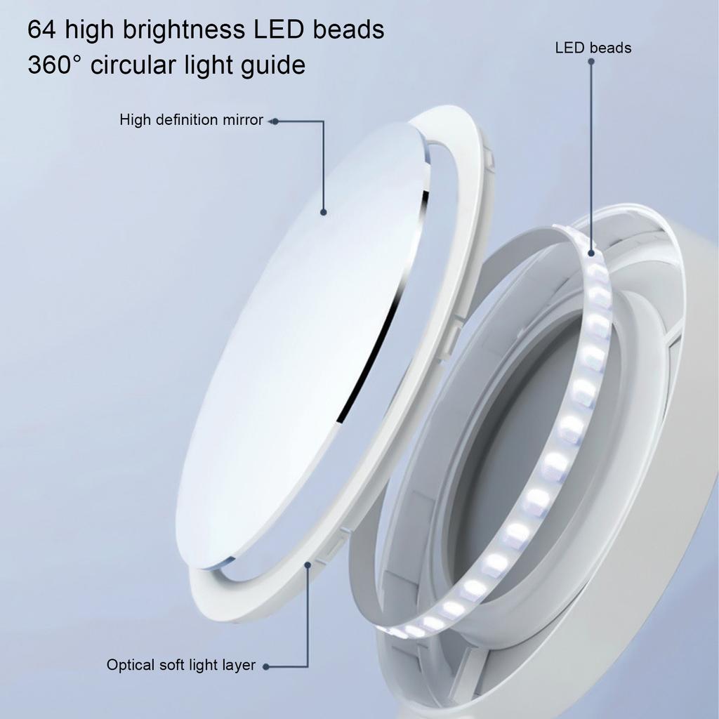 Double Sided LED Makeup Mirror 3000K 5500K 8000K Stepless Dimmable 1X 10X Magnifying Mirror with Foldable Handle