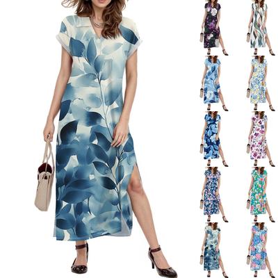 Damen Maxikleid mit Blumenmuster, lässig, V-Ausschnitt, langes Hemdkleid, lockerer Schlitz, Urlaubskleid mit kurzen Ärmeln