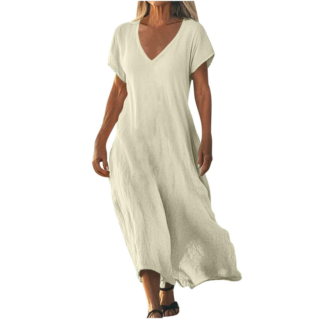 QICED Fashion Summer Spring Solid Color Print Short Sleeve V-Neck Casual Dresses