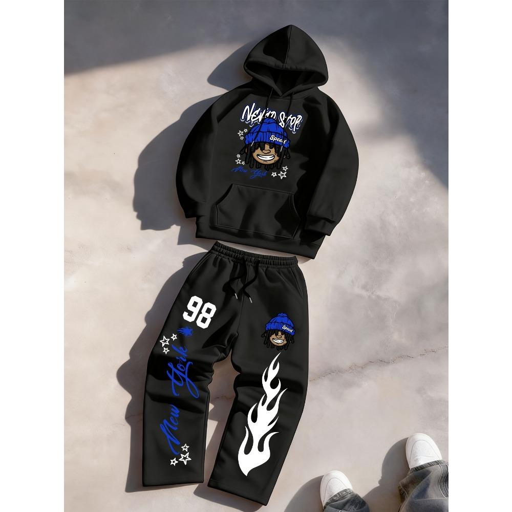 Men's Spring and Autumn Two Piece Sportswear, Cool Pattern Print, Multifunctional Drawstring Hooded Sportswear+drawstring Casual Sweatpants
