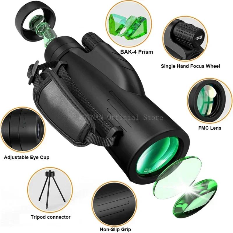 12x50 Powerful Monocular Telescope Portable Long Range Binoculars Telescope Hunting Camping With Tripod Phone Clip