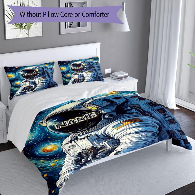 3PC Custom Name Astronaut Space Bedding Set Duvet Cover Closure Includes 1 Duvet Cover & 2 Pillowcases for Bedroom