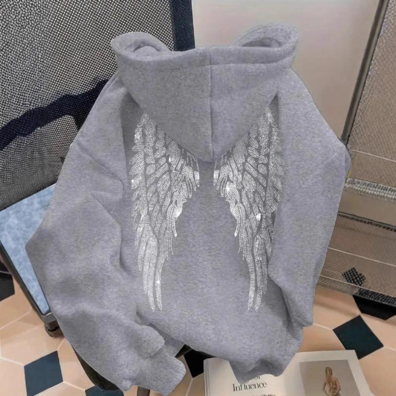 Y2k Hoodies Wing Print Sweater Casual Loose Sweater Pullover Jacket