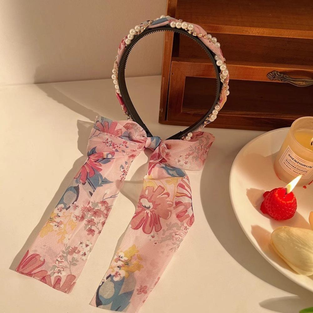Adjustable Bow Ribbon Hairband Floral Print Hair Hoop Fashion Hair Bands  Boho Hair Accessory