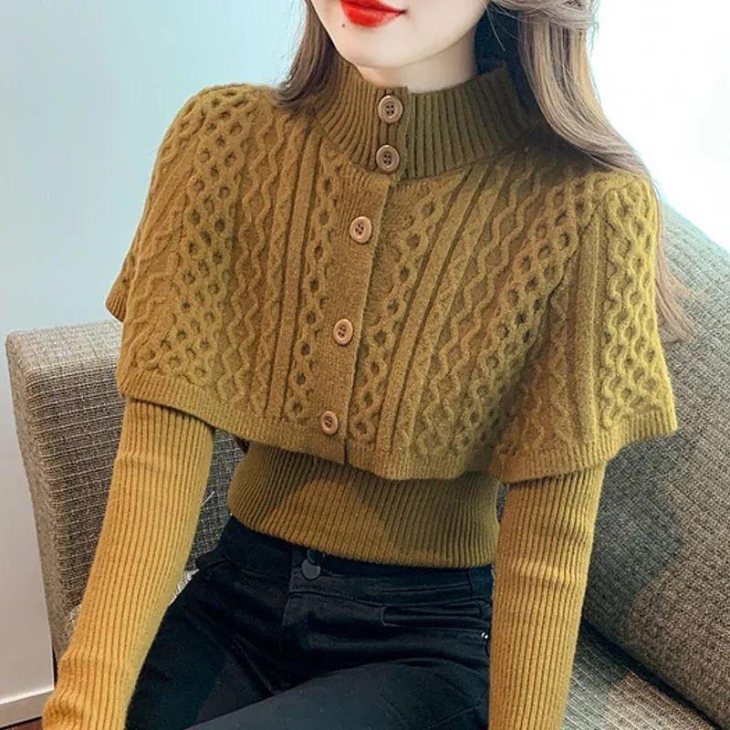 

Свитер с высоким воротником, блузка, женская шаль с длинными рукавами, комплект из двух предметов, осенне-зимний свитер с закрученными резинками из жареного теста L дубильная кора