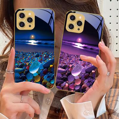 Kolorowy kamienisty brzeg morza Dla IPhone 16 16Pro Max 15 P ro 14 13 Plus 12 Mini 11Pro Max XS Max XR Złote hartowane szkło etui na telefon