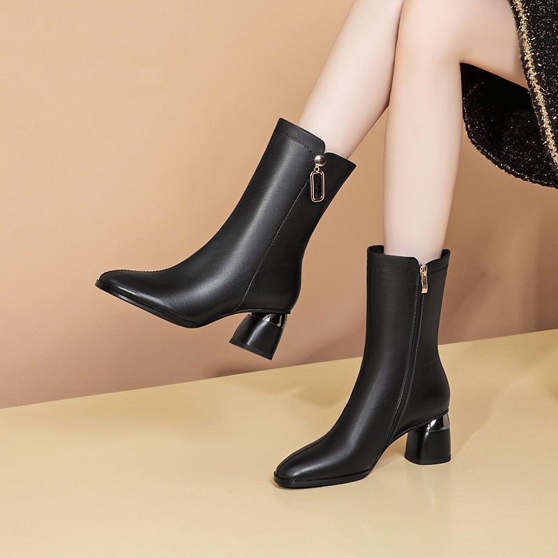 Fashion Black Fleece-Lined Half High Boots for Women Autumn Winter Comfortable and Elegant Boot Waterproof Y2k Work Mid Calf Shoes Woman