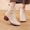Women Leather High Top Block Heel Ankle Boot Autumn Winter Round Toe Soft Sole Non Slip Ethnic Style Plush Keep Warm Cotton Boot