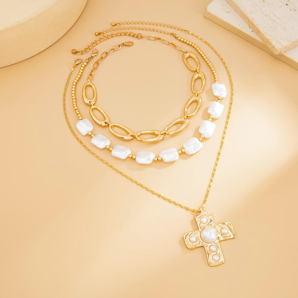 Metal Cross Irregular Pendant Necklace, Stacked With Baroque Imitation Pearl Beaded Necklace