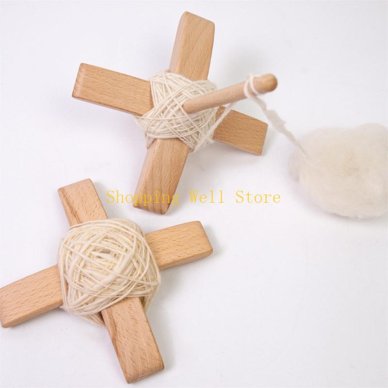 KX4B Crosses-Shaped Hand Carved Yarn Winder Manual Top-Weaving Spin Wheel Wooden Turkish Spindle Storage Tool Drop Spindle