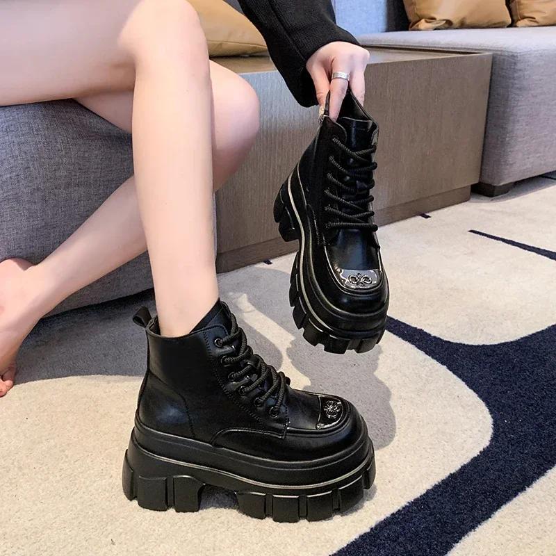 Modă 9CM Femei Piele Botine Gleznă Nou 2024 Toamnă Iarnă Pluș Cald Tocuri Pană Botine Groase Cizme Motociclete Fermoar Negru Pantofi Blană