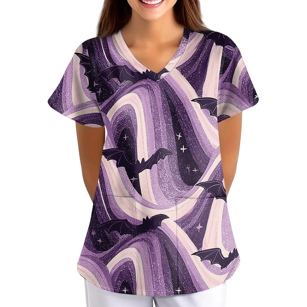 Women's Halloween Print Scrub Top V Neck Short Sleeve with Pockets Loose Fit