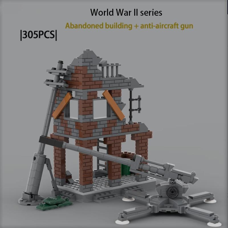 New WWII Military Creative Ruins Scene Abandoned Buildings Anti Aircraft Cannon Assembly Mock Building Blocks Boy Toy