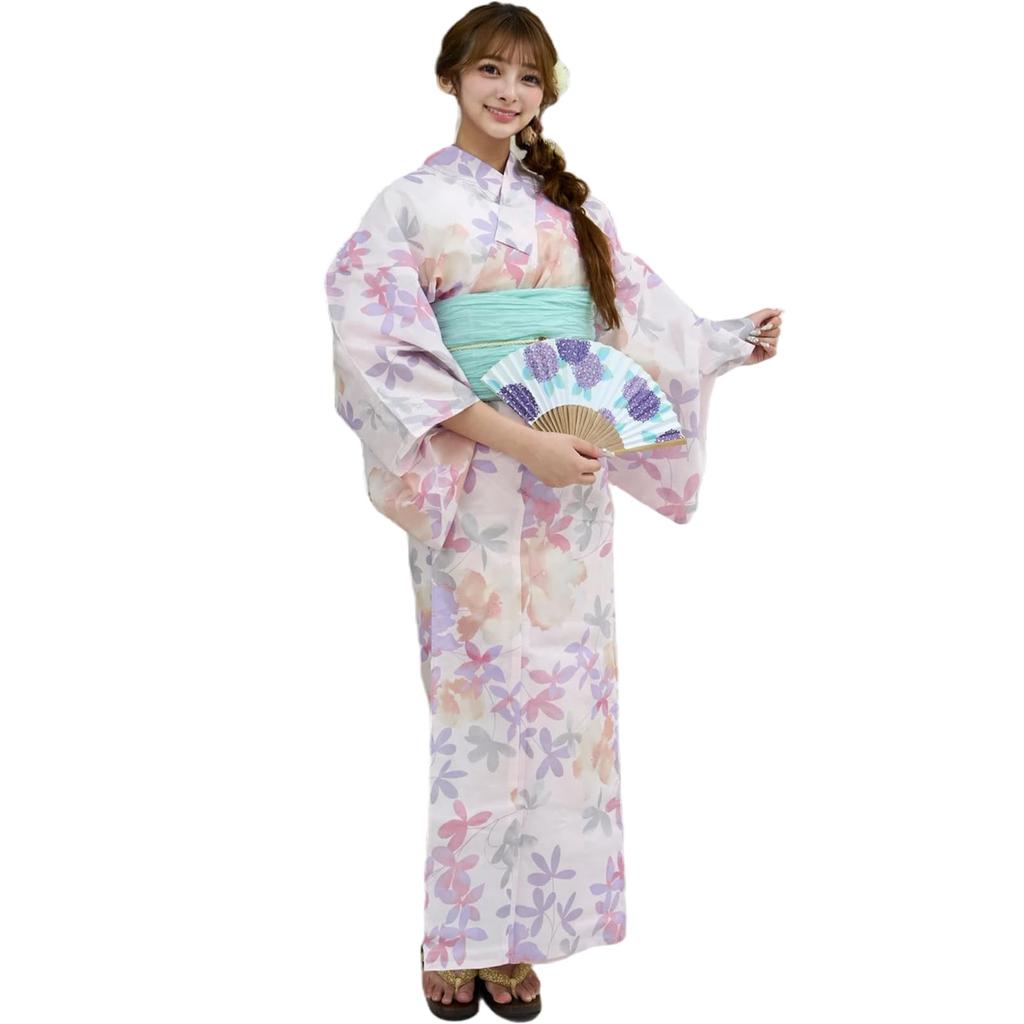 RAVIR Yukata Light Pink with Warm Tones and Abstract Floral Includes Fluffy Obi and One Size Fits All Women's 3-Piece Set, Pattern, Sandals, Pink,