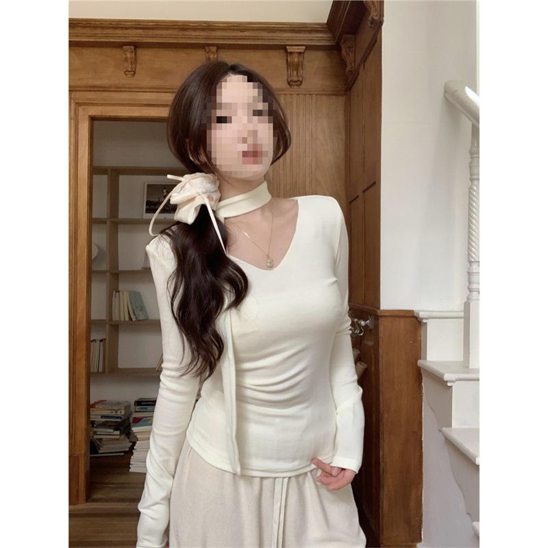 

Женская приталенная футболка с V-образным вырезом и длинными рукавами - Уникальный дизайн начала осени 2024 M грязно-белый