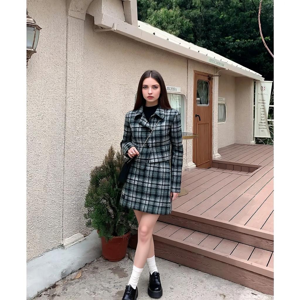 Early autumn outfit suits Spring and autumn retro niche age-reducing suit plaid winter skirt two-piece suit