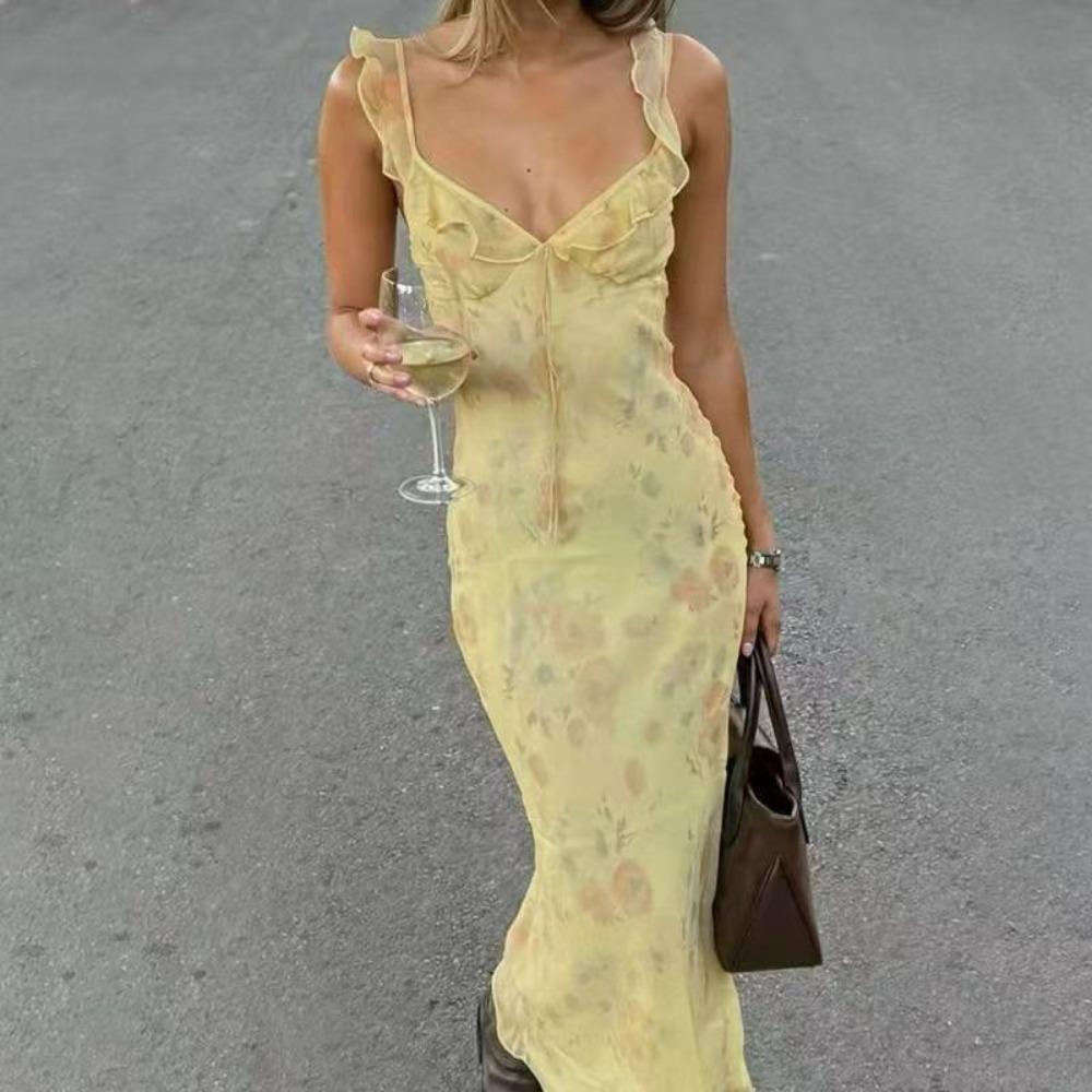Women's Spaghetti Strap Deep V Maxi Dress Mid Waist All Over Floral Print Slim Fit Vacation Beach Mermaid Long Dress