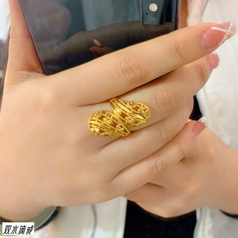 

Internet Celebrity Fashion Index Finger Female Big Ring Vietnam Placer Gold Brass Plated Yellow Gold Ring Rich Elegant No Color Fading Double Water Drop Ring