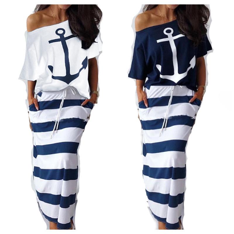 Women's Loose Skirt Set 3/4 Sleeve Anchor Top Drawstring Waist Striped Midi Skirt Matching Suit