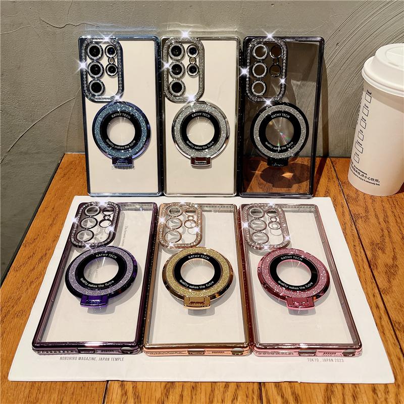 For Samsung Galaxy S25Ultra Luxury Flash Diamond Plating Frame Glitter Stand Holder Phone Case For Samsung S22 S23 S24Plus Cover