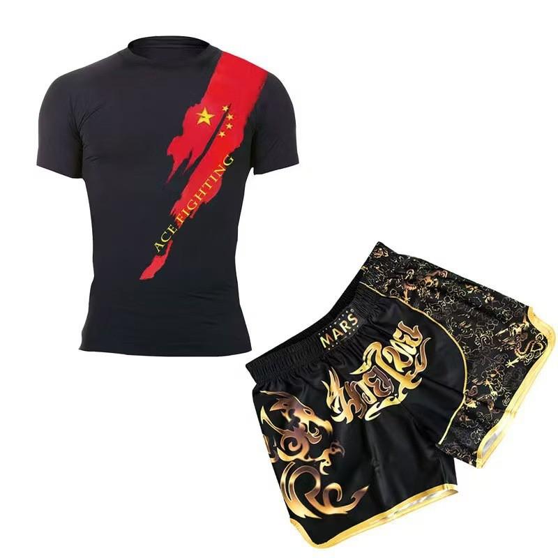 Herren Kompressions MMA Boxen Trainingsset Kurzarm Rash Guard Shorts Kampfsport Fitness