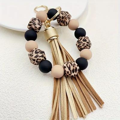 Silicone Bead Wristband Keychain and PU Leather Tassel Skull Leopard Fashion Bag Pendant, Mobile Phone Lanyard, Women's Use Gift