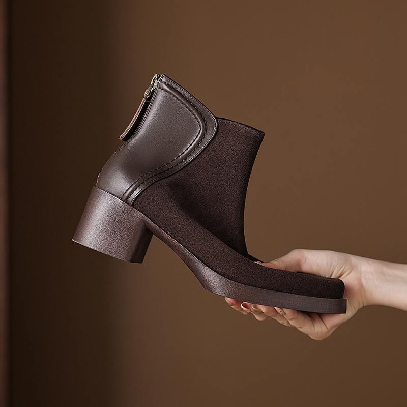 Krazing Pot Cow Suede Nubuck Winter Round Toe Modern Boots Med Heels Zipper Patch Work Women Ankle Boots