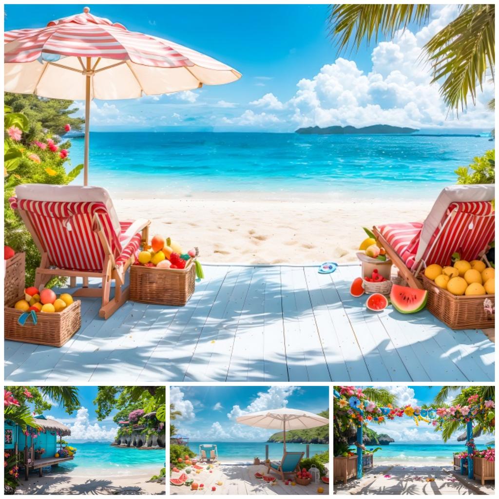 Summer Seaside Party Backdrops For Photography Tent Fruits Beach Palm Trees Holiday Camping Party Background Decor Photo Studio