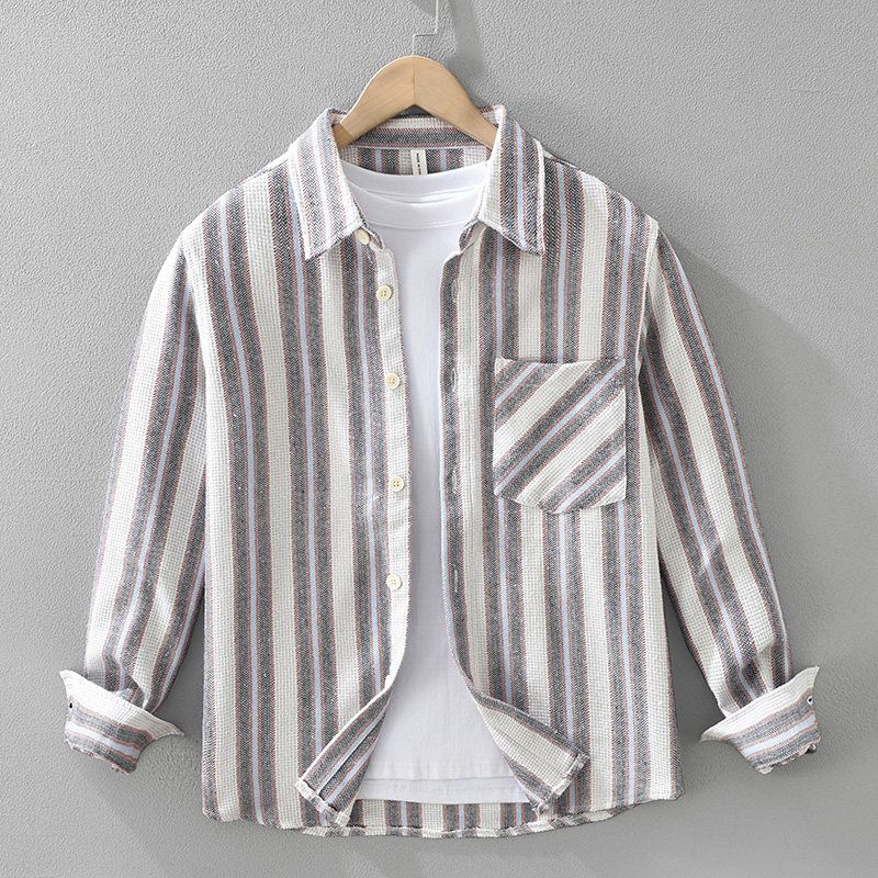 2025 New Japanese-Style Striped Long-Sleeve Shirt Jacket Hong Kong Literary Style College Style Men's Casual Shirt Wrinkle-Free