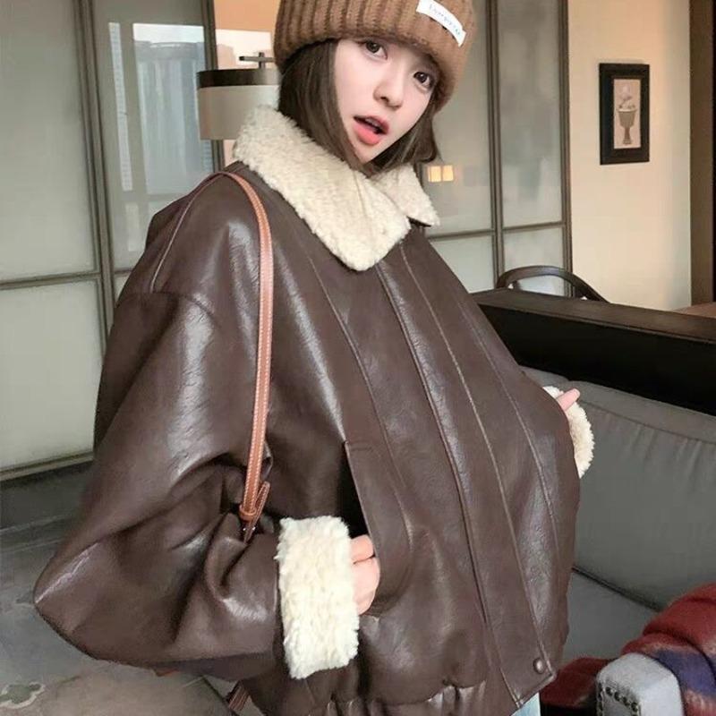 Maillard Retro Leather Jacket Fleece Thickened Short Lamb Wool Jacket Women's Winter New Loose Motorcycle Jacket