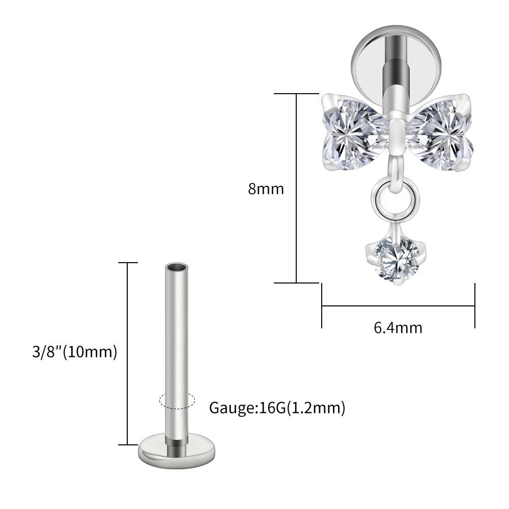 Right Grand ASTM F136 Titanium Bow Dangle CZ Piercing Labret Stud 16G Flat Back Helix Tragus Cartilage Earring Bridal Jewelry