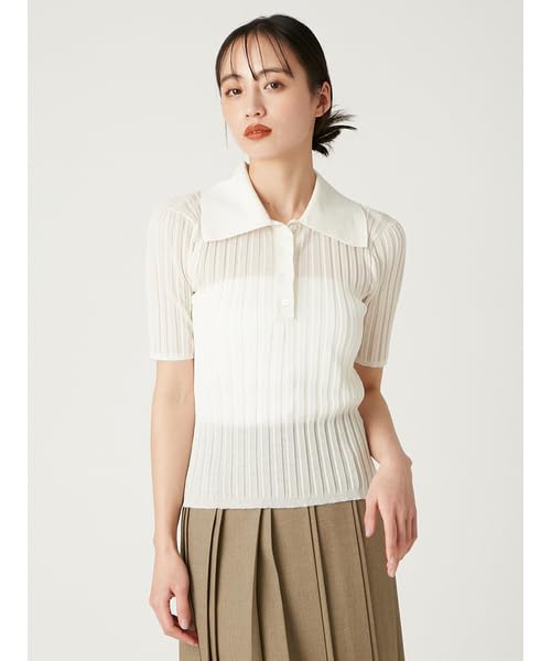 FRAY Sheer Wide Rib Knit Polo FWNT252132 White I.D. Women's