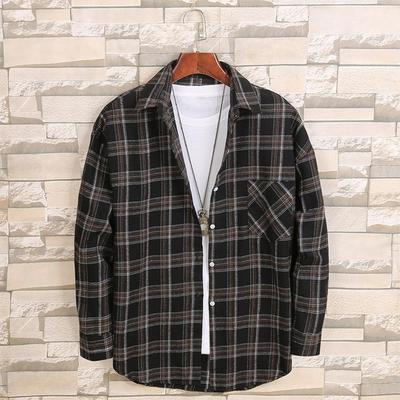 Herren Frühling Herbst Hemd Umlegekragen Einreiher Karomuster Langarm Lockerer Schnitt Japanischer Stil Strickjacke Formell Business