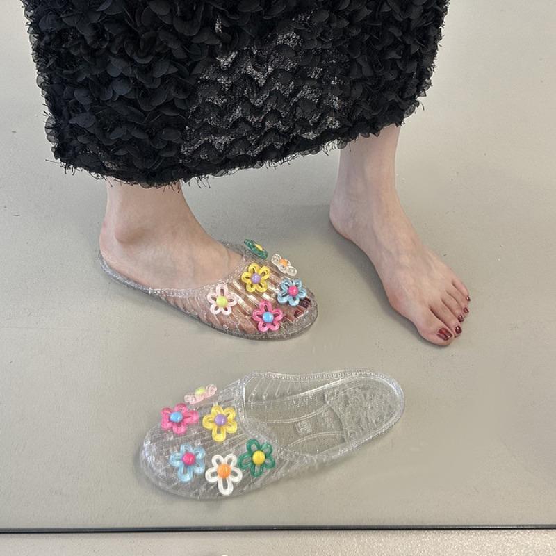 Fashion New Korean Fashion Women's Jelly Shoes with Flower Accessories Summer Footwear Ladies Flat Slippers Vocation Beach Slides Size36
