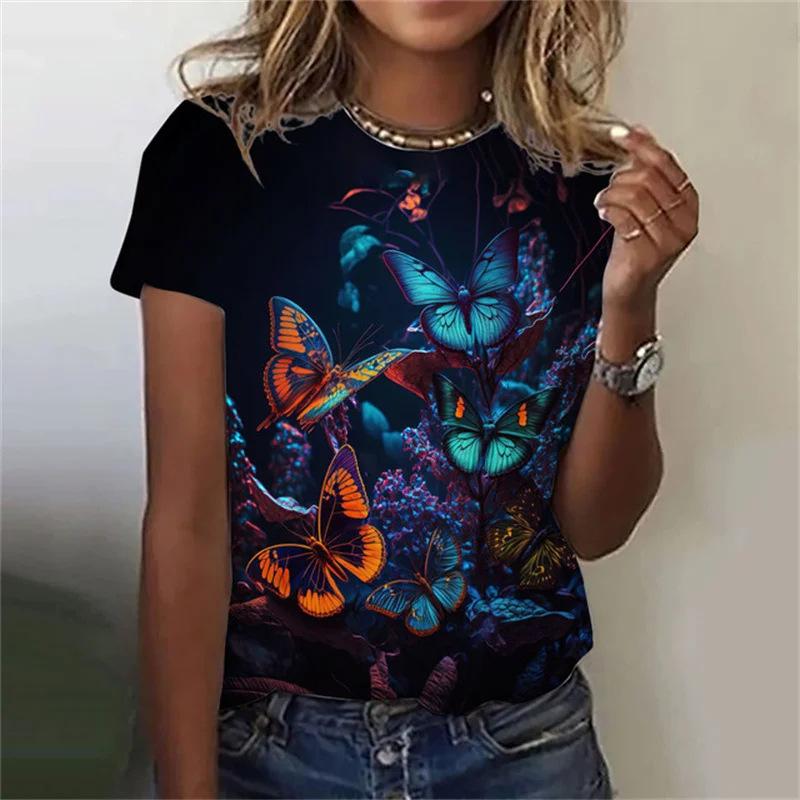Summer Round Neck Butterfly Pattern 3D Print Top Fashionable Casual Short Sleeved Women's T-shirts