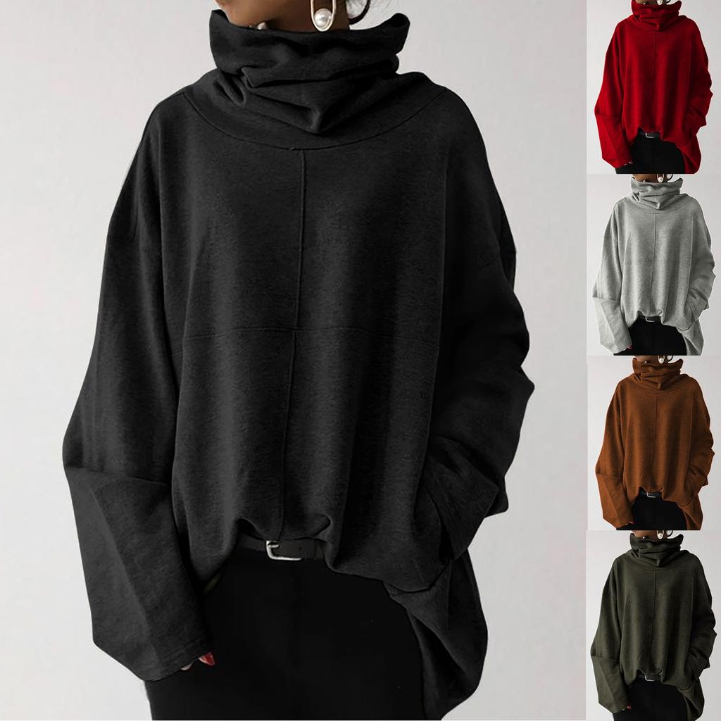 Women's Loose Casual Long Sleeve High Collar Pullover Solid Color Pocket Sweater