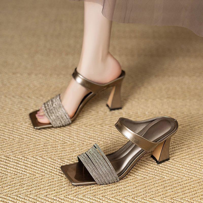 High-heeled Flip-flops, Square Toe, Single Thick Heel, Medium Heel, Sandals, Women's Shoes