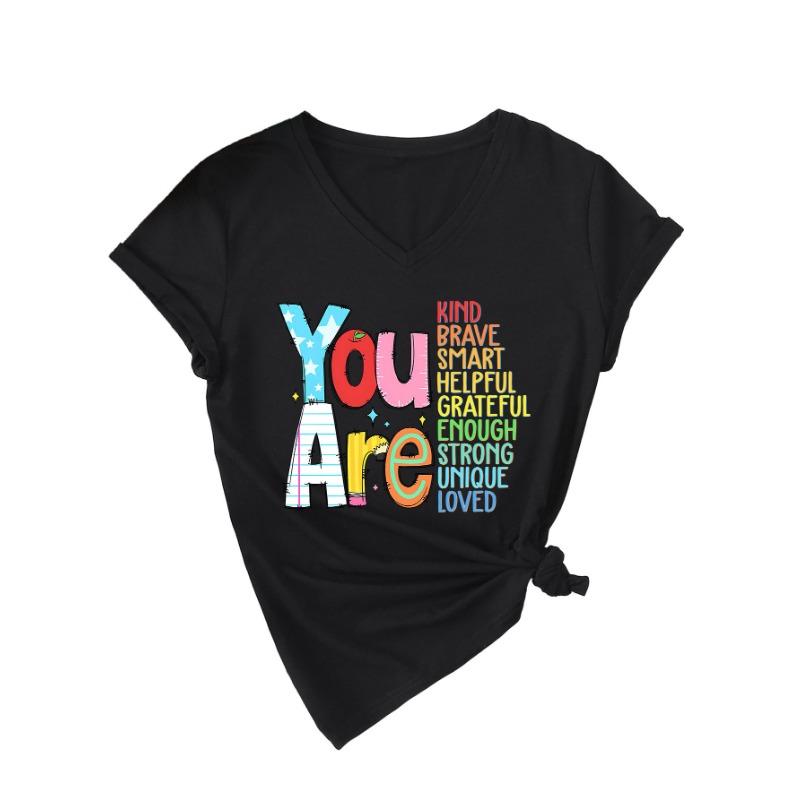 Summer V-neck Inspirational Text Printed Top Fashionable Casual Short Sleeved Women's T-shirts