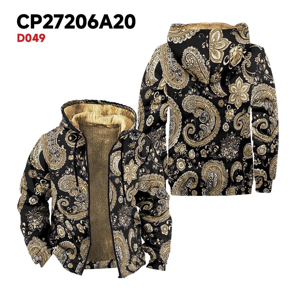 

European & American Winter Men s Warm Hooded Cotton Jacket with Velvet Lining and 3D Print 2XL