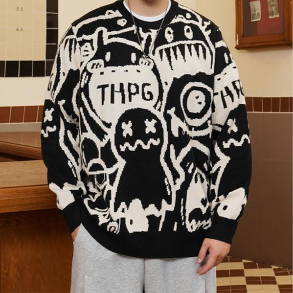 

Jacquard wrinkle resistant large size men s lightweight moisture wicking sweater -Round neck, loose fit, fashionable and trendy thickened warm effect 2XL чорний