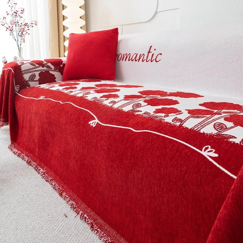 

Красный чехол для полотенец на диван, ткань для гостиной, универсальный, многофункциональный, нескользящий, свадебный декоративный коврик, приятный для кожи, синель, романтический 180x130cm1pcs