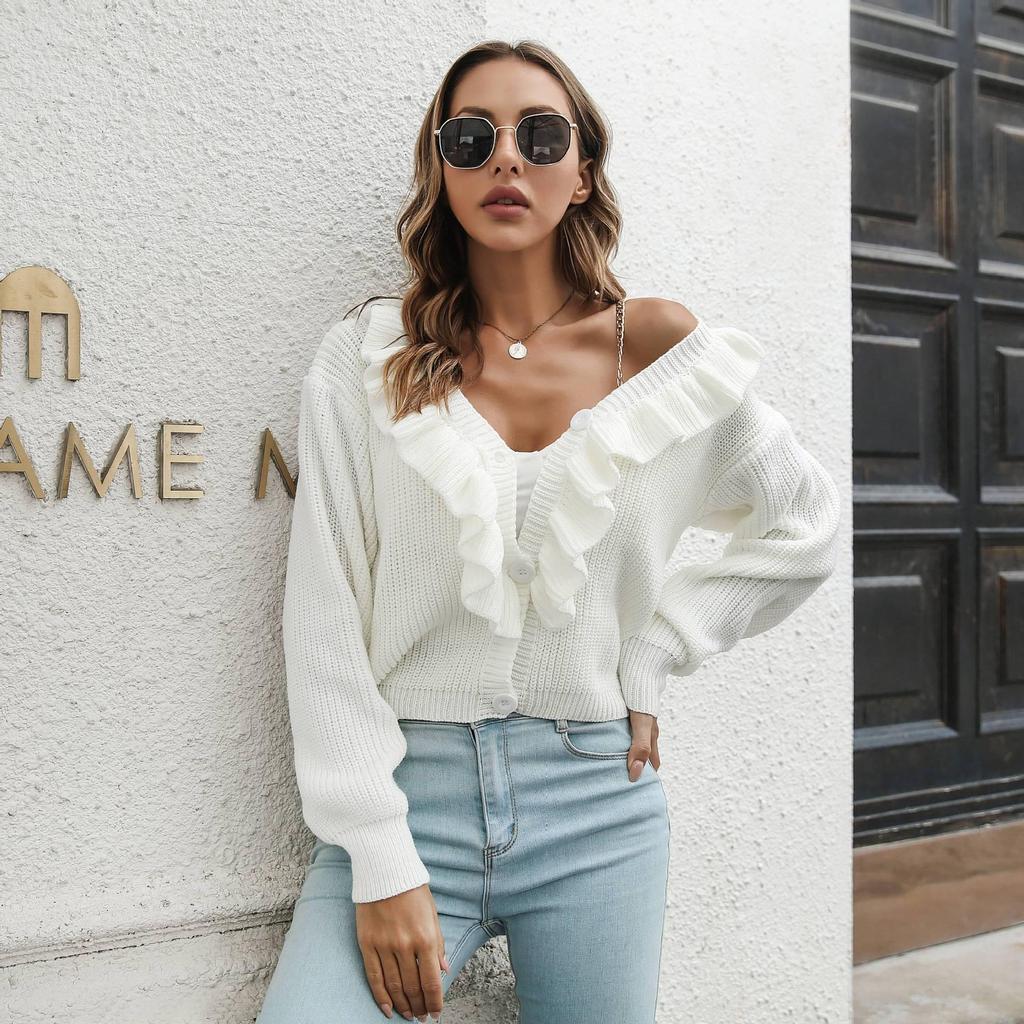 Women's Long Sleeve Ruffle Knit Cardigan - Loose Fit for Autumn/Winter