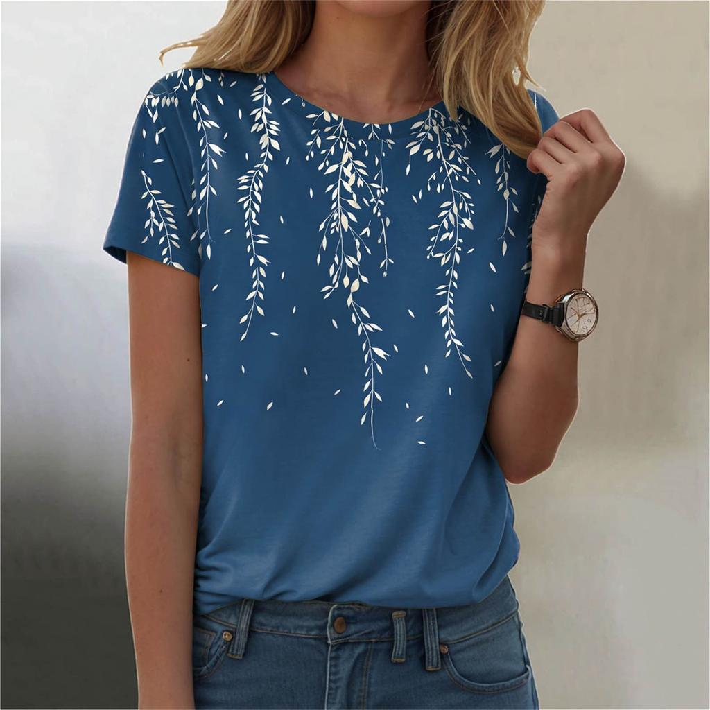 Summer Round Neck Floral Pattern 3D Print Top Fashionable Casual Short Sleeved Women's T-shirts