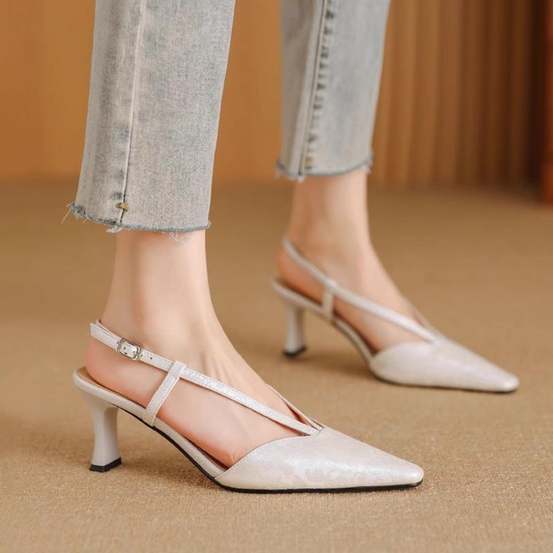 Fashion Pointed High Heels Women's Summer Baotou Shallow Mouth Set Foot Fabric Metal Buckle A Word Belt Wear-resistant High Heels