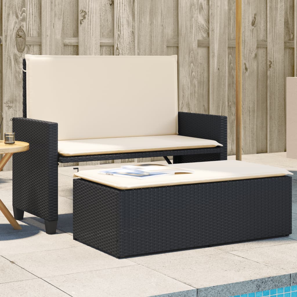 Garden Bench with Cushions and Footstool Black Poly Rattan