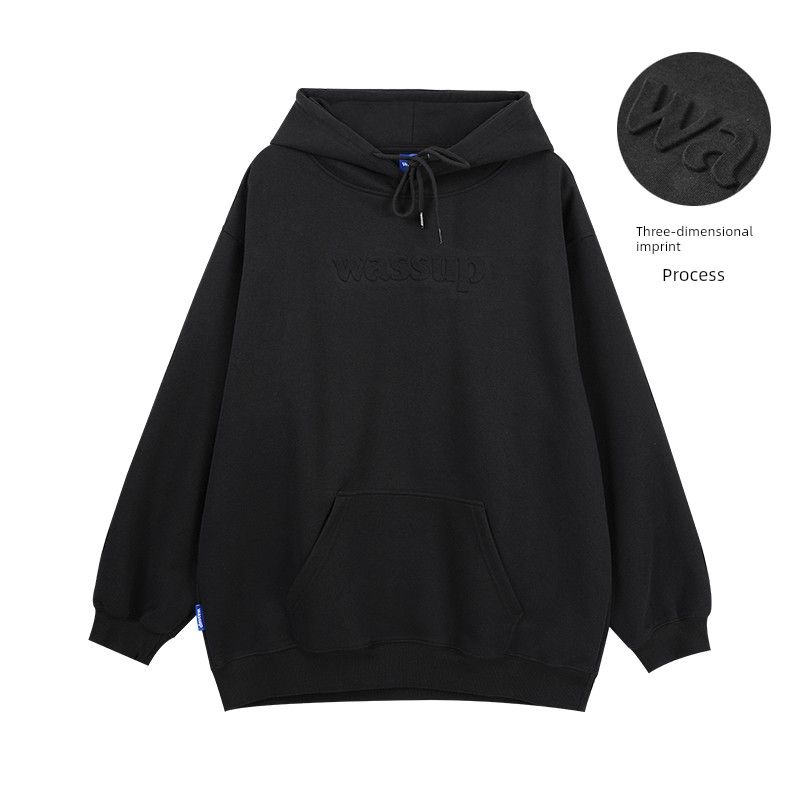 Wassup Trendy Three-Dimensional Letter Embossed Beige Gray Hooded Sweatshirt Men's and Women's Autumn and Winter Loose American Street Couple Clothes